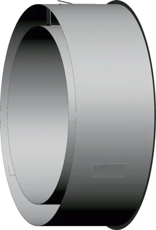 Graue zylindrische Metallkomponente mit glatter Oberfläche, dargestellt in einer 3D-Darstellung, wahrscheinlich Teil eines Abgassystems.